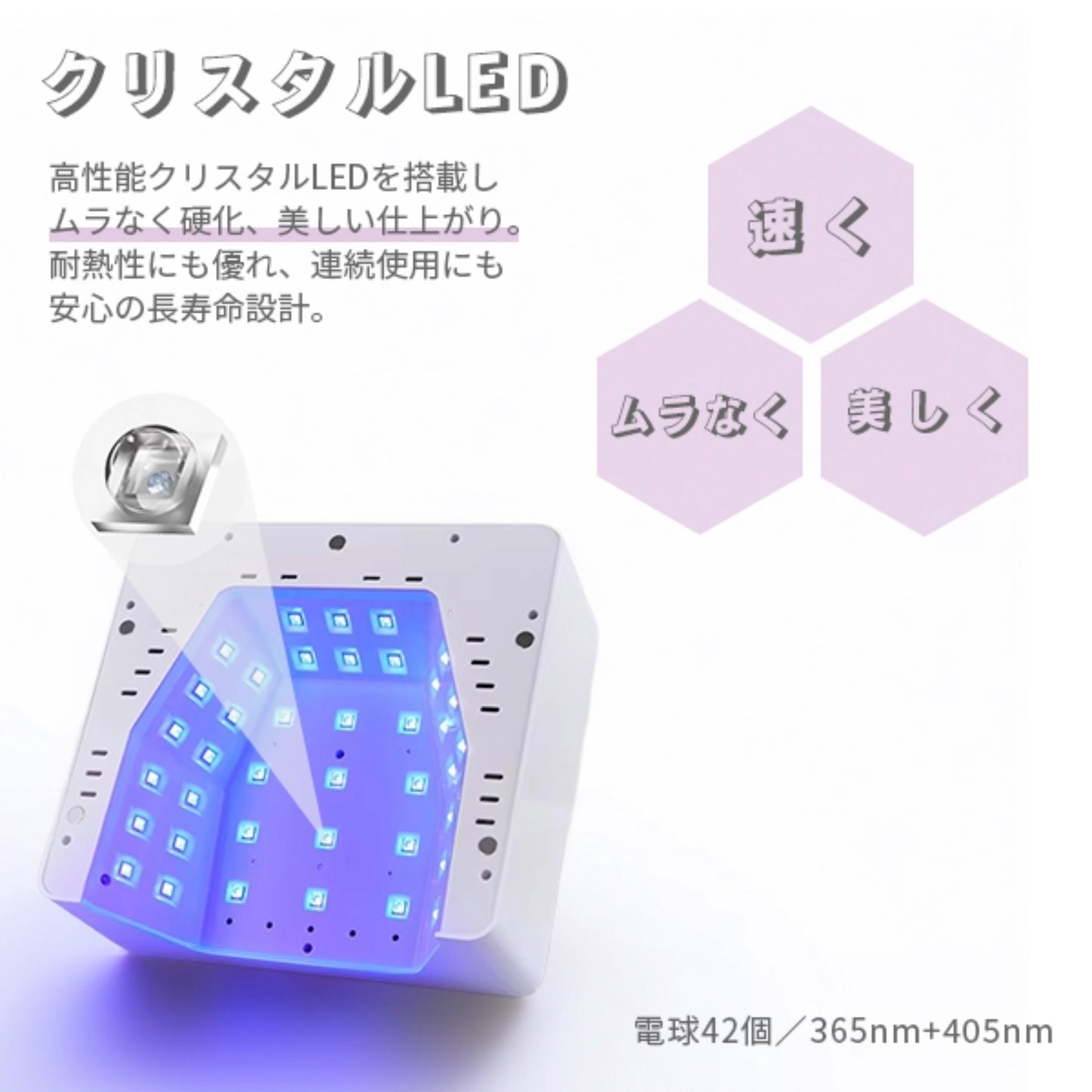 クリスタルLEDを42個搭載したKrimthのハイブリッドネイルライト。ムラなく美しい硬化を実現する照射面の内部構造。