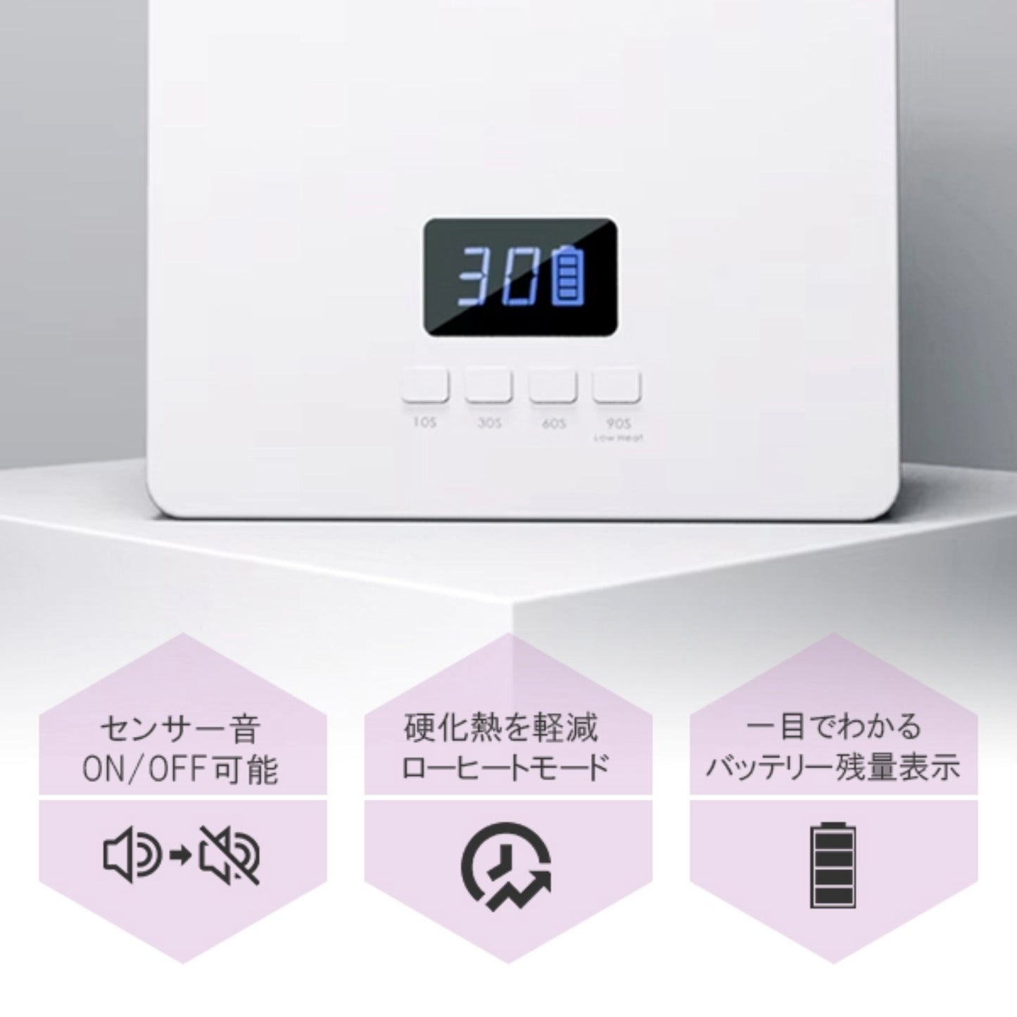 Krimthのネイルライト本体。液晶タイマー表示と4つの操作ボタンに加え、センサー音のON/OFF、ローヒートモード、バッテリー残量表示の説明付き。