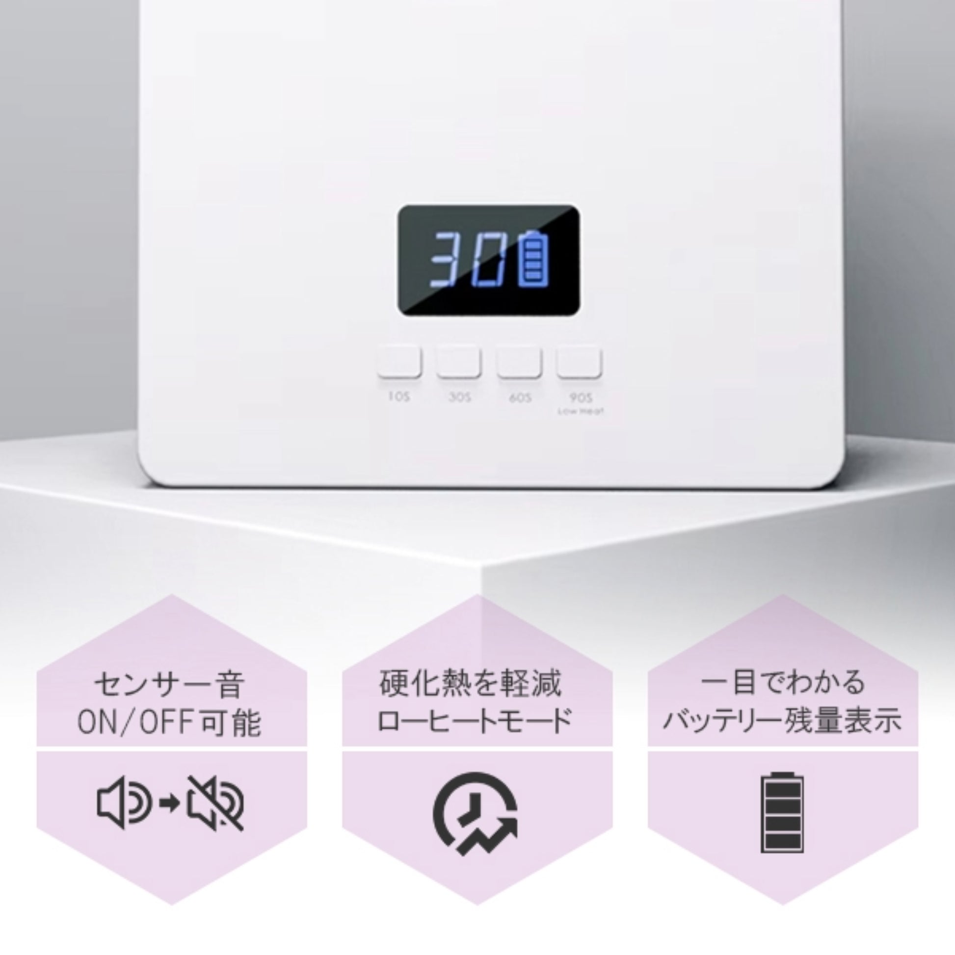 Krimthのネイルライト本体。液晶タイマー表示と4つの操作ボタンに加え、センサー音のON/OFF、ローヒートモード、バッテリー残量表示の説明付き。