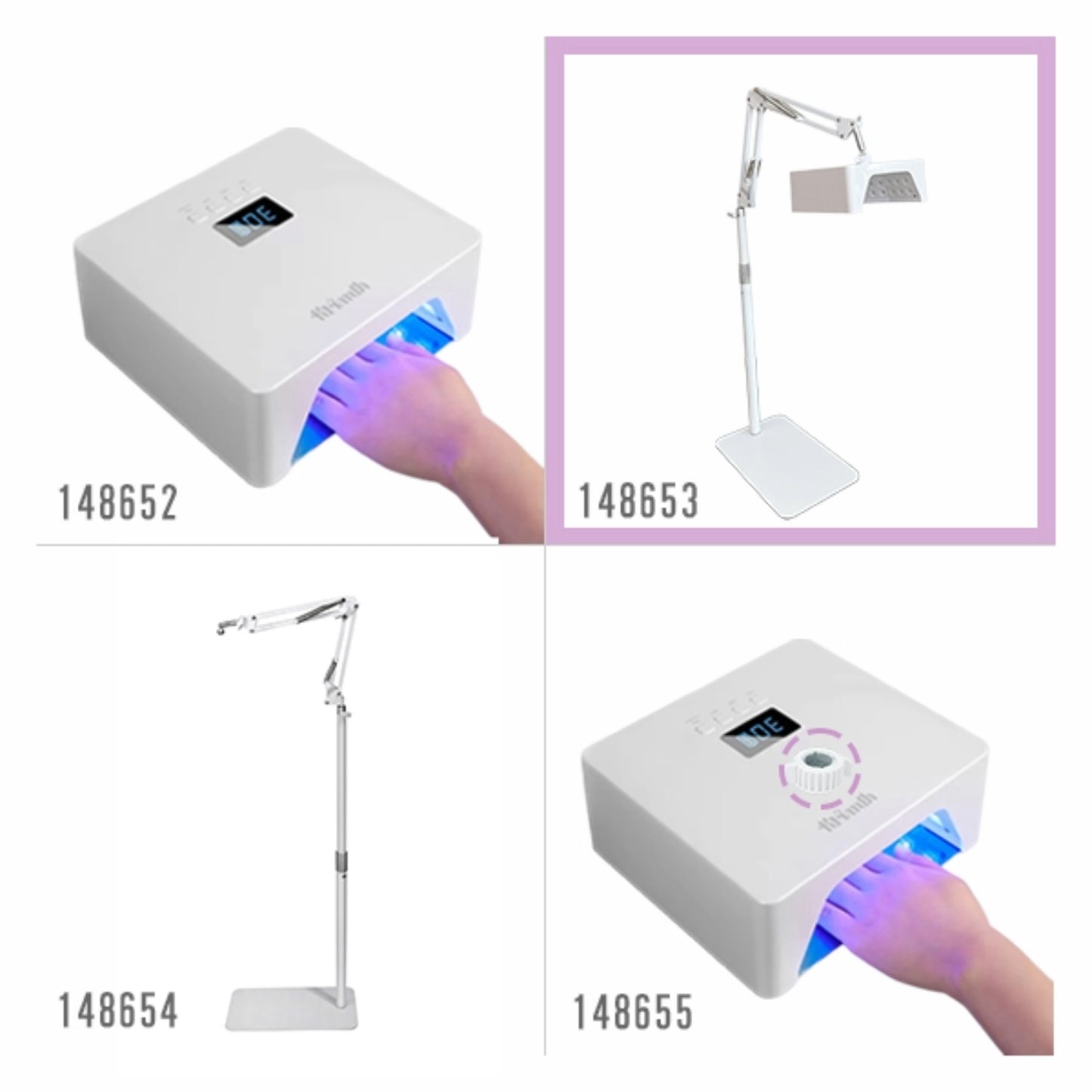 Krimth UV&LEDネイルライトシリーズの型番別構成比較。148652は本体単品、148653はスタンドセット、148654はスタンド単品、148655はジョイント付きモデル。
