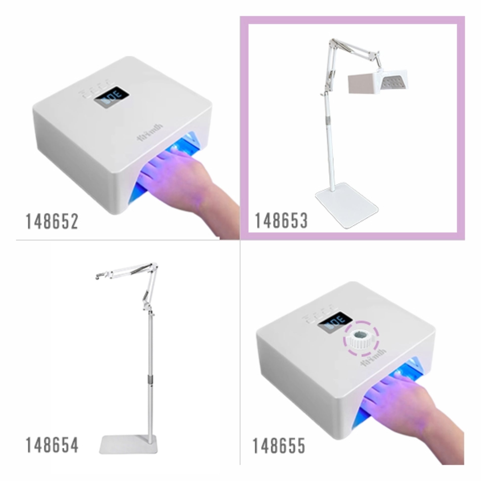 Krimth UV&LEDネイルライトシリーズの型番別構成比較。148652は本体単品、148653はスタンドセット、148654はスタンド単品、148655はジョイント付きモデル。
